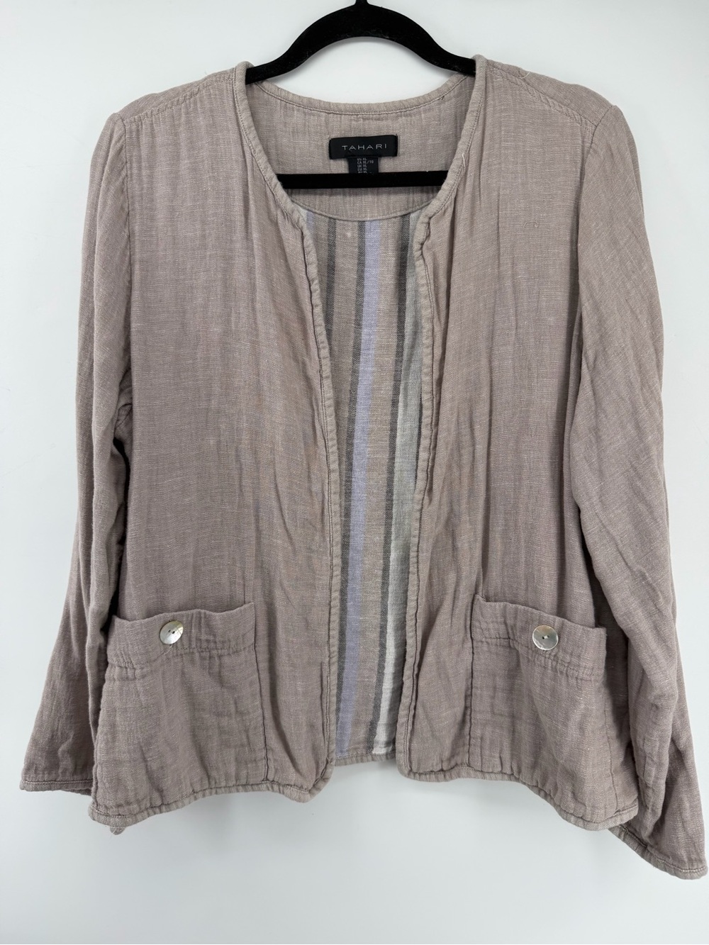 Tahari XL Linen Cotton Open Front Jacket Beige Cardigan Coastal Lagenlook Neutra